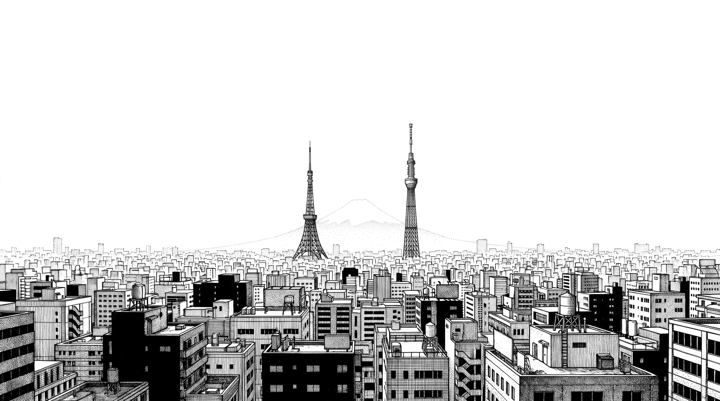 Tokyo drawn in dense stipple, the city carried up through the plate.